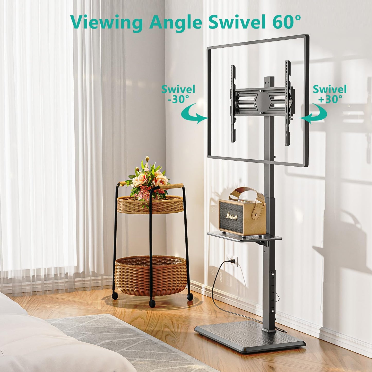 WALI Rolling TV Stand with Power Outlet & AV Shelf, Mobile Tall TV Stand Mount on Wheels for 34-75 inch TV up to 110 lbs, Swivel Height Adjustable TV Cart with Wood Base for Bedroom(TVDVD-6PRW), White
