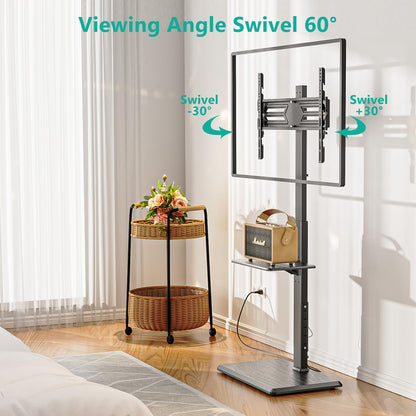WALI Rolling TV Stand with Power Outlet & AV Shelf, Mobile Tall TV Stand Mount on Wheels for 34-75 inch TV up to 110 lbs, Swivel Height Adjustable TV Cart with Wood Base for Bedroom(TVDVD-6PRW), White