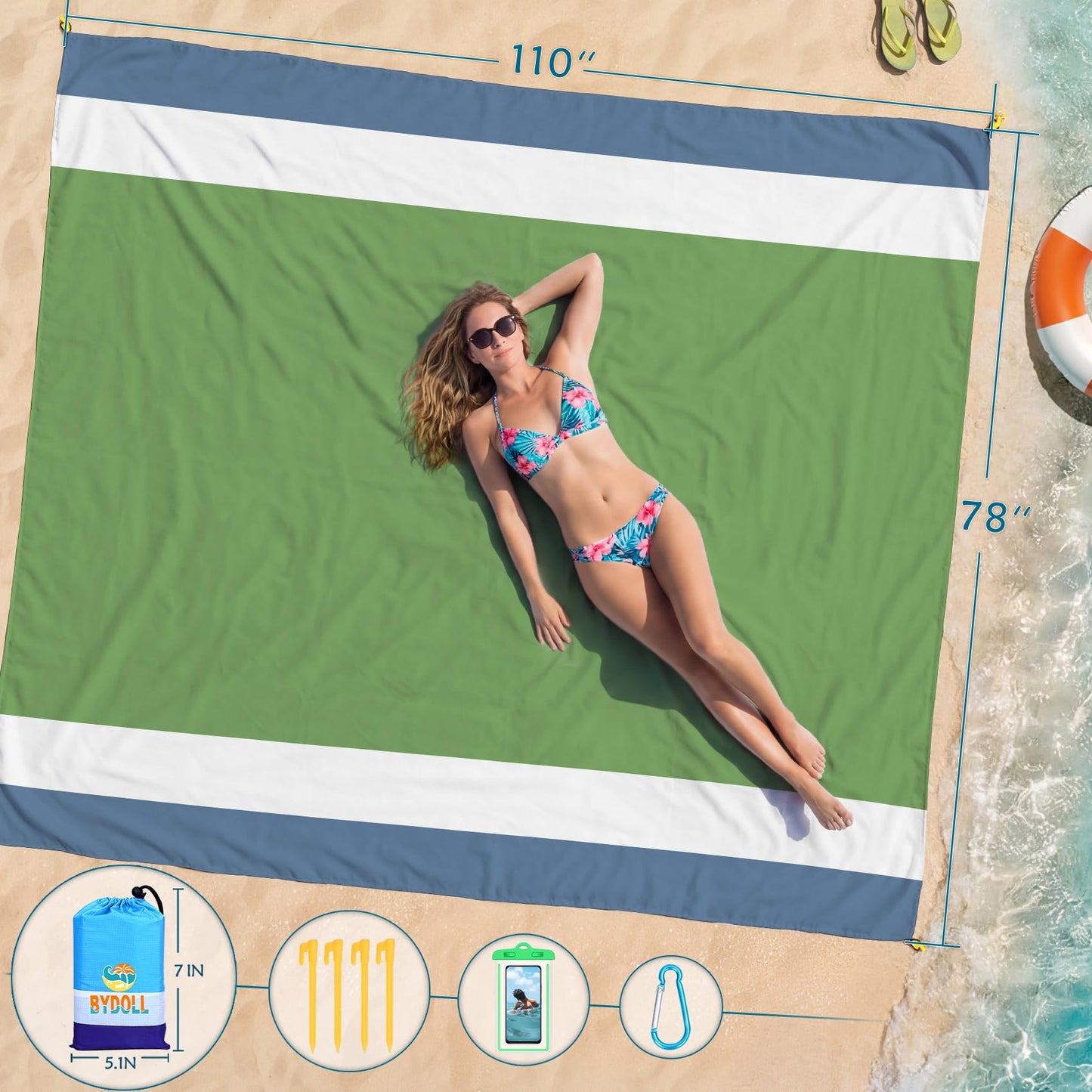 BYDOLL Beach Blanket Waterproof Sandproof Large Sand Free,78''X81''/10'X9' Oversized Sandless Lightweight Blanket Picnic Mat for Beach Travel Camping Hiking with Stakes