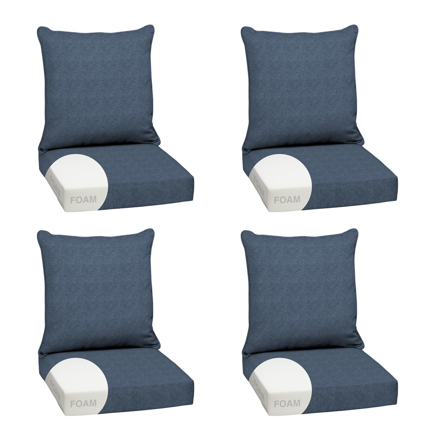 Arden Outdoor Foam Deep Seat Cushions Set, 24x24, Premium High-Density Foam, Never Flattens, Weather-Proof for Patio Chair Sofa Couch, Blue Shibori Stripe