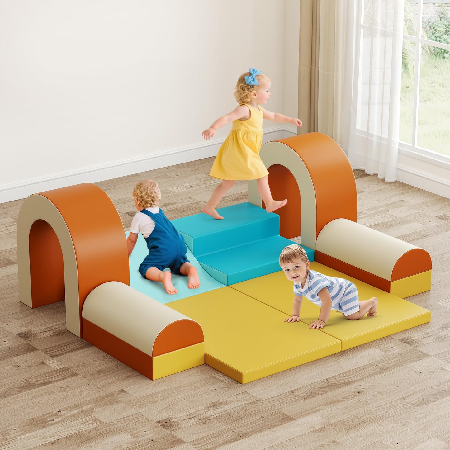 Olakids Toddler Climbing Toys Indoor, 10 Pieces Baby Foam Blocks Soft Play Set with PU Leather, Kids Climb Crawling Activity Gym Playground for 1+ Years (Brown)