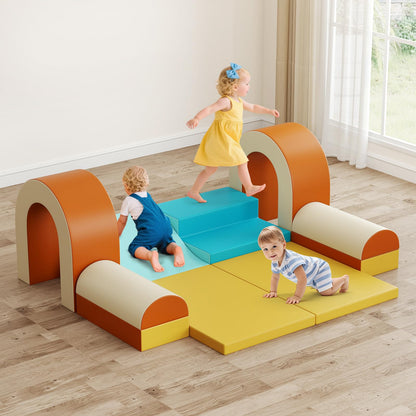 Olakids Toddler Climbing Toys Indoor, 10 Pieces Baby Foam Blocks Soft Play Set with PU Leather, Kids Climb Crawling Activity Gym Playground for 1+ Years (Brown)
