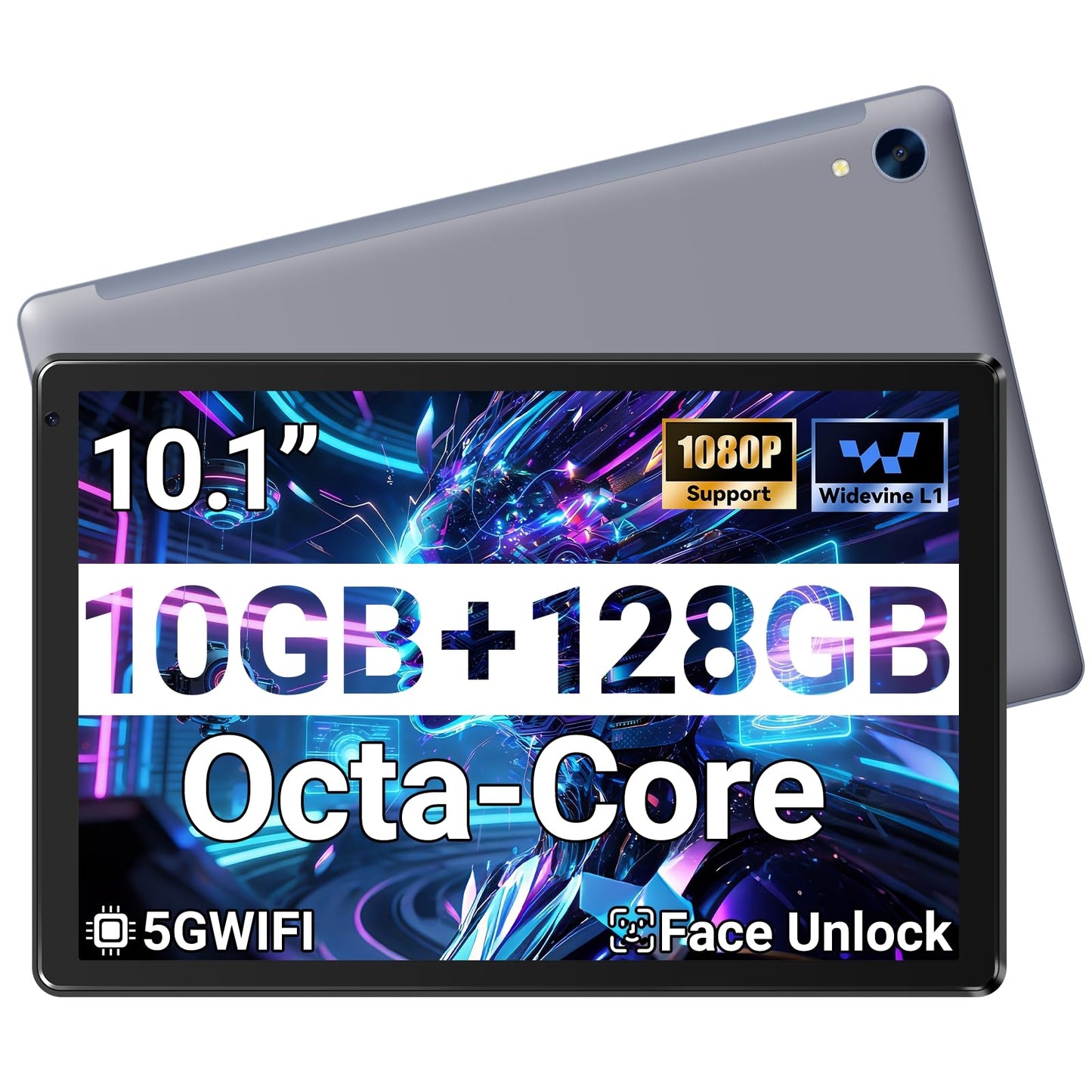 Tablet 10.1" Android Tablet, Octa-Core Processor, 10GB RAM+128GB ROM 1TB Expandable, Widevine L1 1280x800 IPS HD Touchscreen, 5MP+8MP Dual Camera Face Unlock, 5000mAh Battery WiFi 6 BT5.3,Gray
