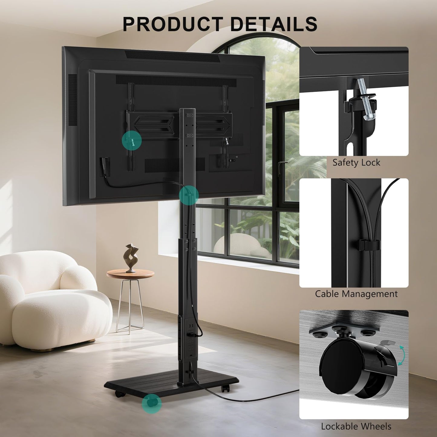 WALI Rolling TV Stand with Power Outlet & AV Shelf, Mobile Tall TV Stand Mount on Wheels for 34-75 inch TV up to 110 lbs, Swivel Height Adjustable TV Cart with Wood Base for Bedroom(TVDVD-6PRW), White