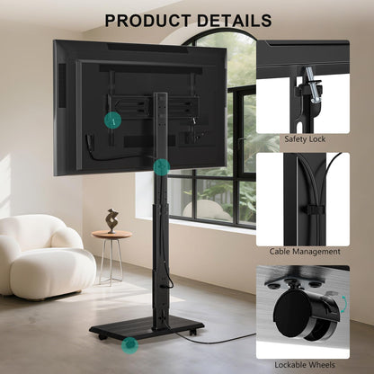 WALI Rolling TV Stand with Power Outlet & AV Shelf, Mobile Tall TV Stand Mount on Wheels for 34-75 inch TV up to 110 lbs, Swivel Height Adjustable TV Cart with Wood Base for Bedroom(TVDVD-6PRW), White