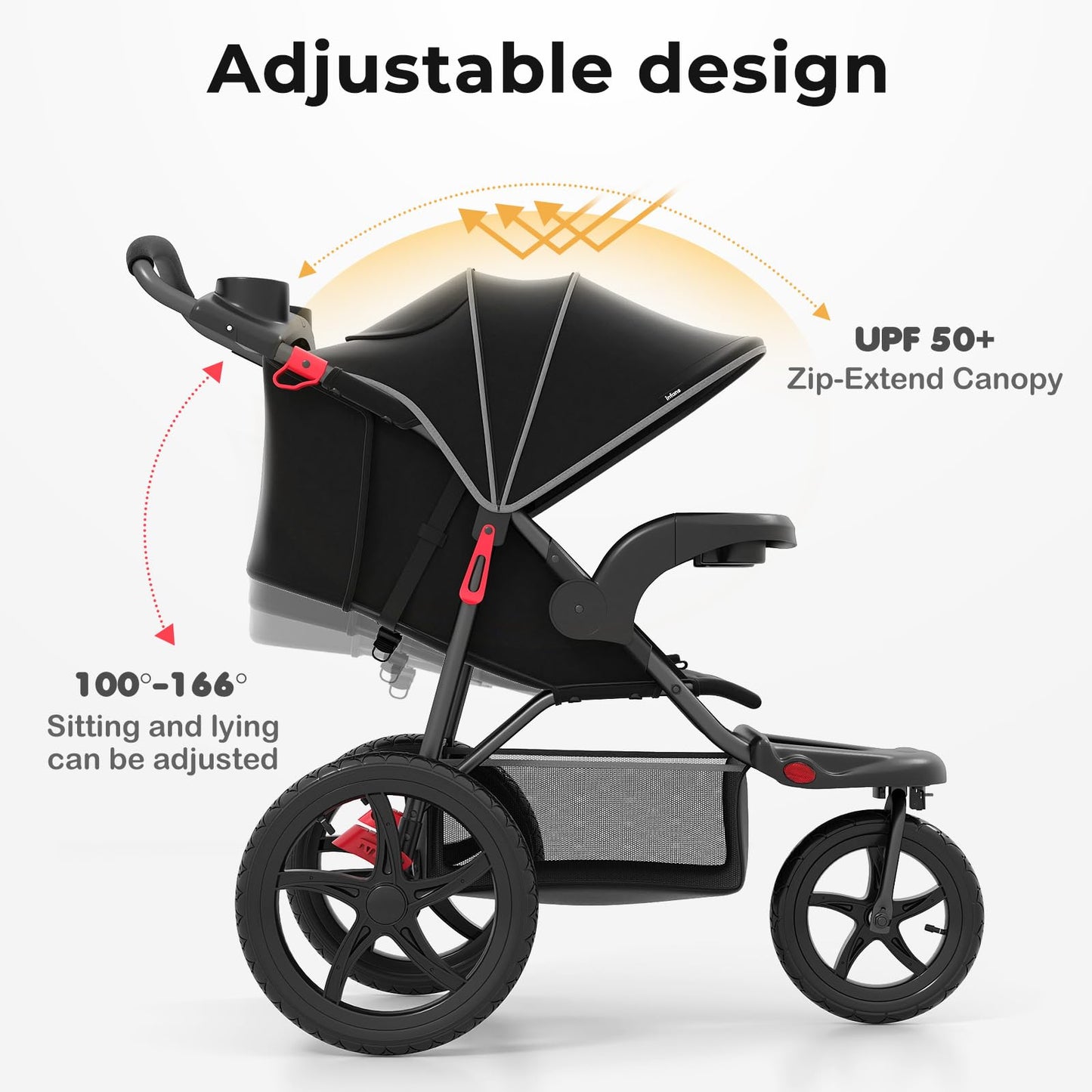 INFANS Jogging Stroller, Foldable Jogger with Air-Filled Tires Shock Absorbing Suspension Adjustable Backrest, Baby Running Strollers