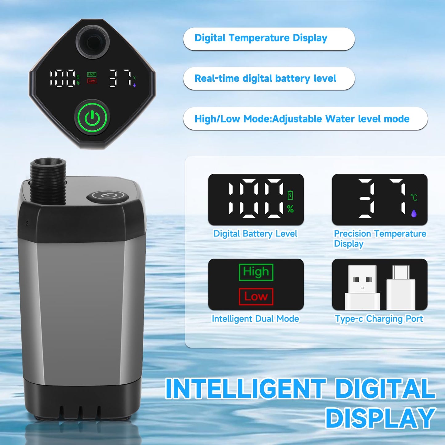vignuto Portable Shower for Camping, Rechargeable Camping Shower Pump with LED Display of Battery Level and Temperature