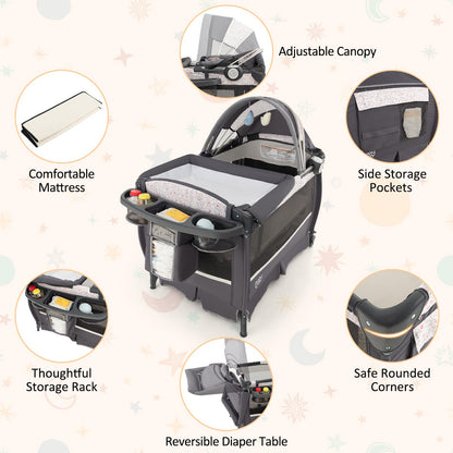 BABY JOY 4 in 1 Pack and Play, Portable Baby Playard with Bassinet & Flip-Away Changing Table, Canopy, Portable Bedside Crib with Storage Basket, Oxford Bag, Infant Bassinet from Newborn to Toddlers