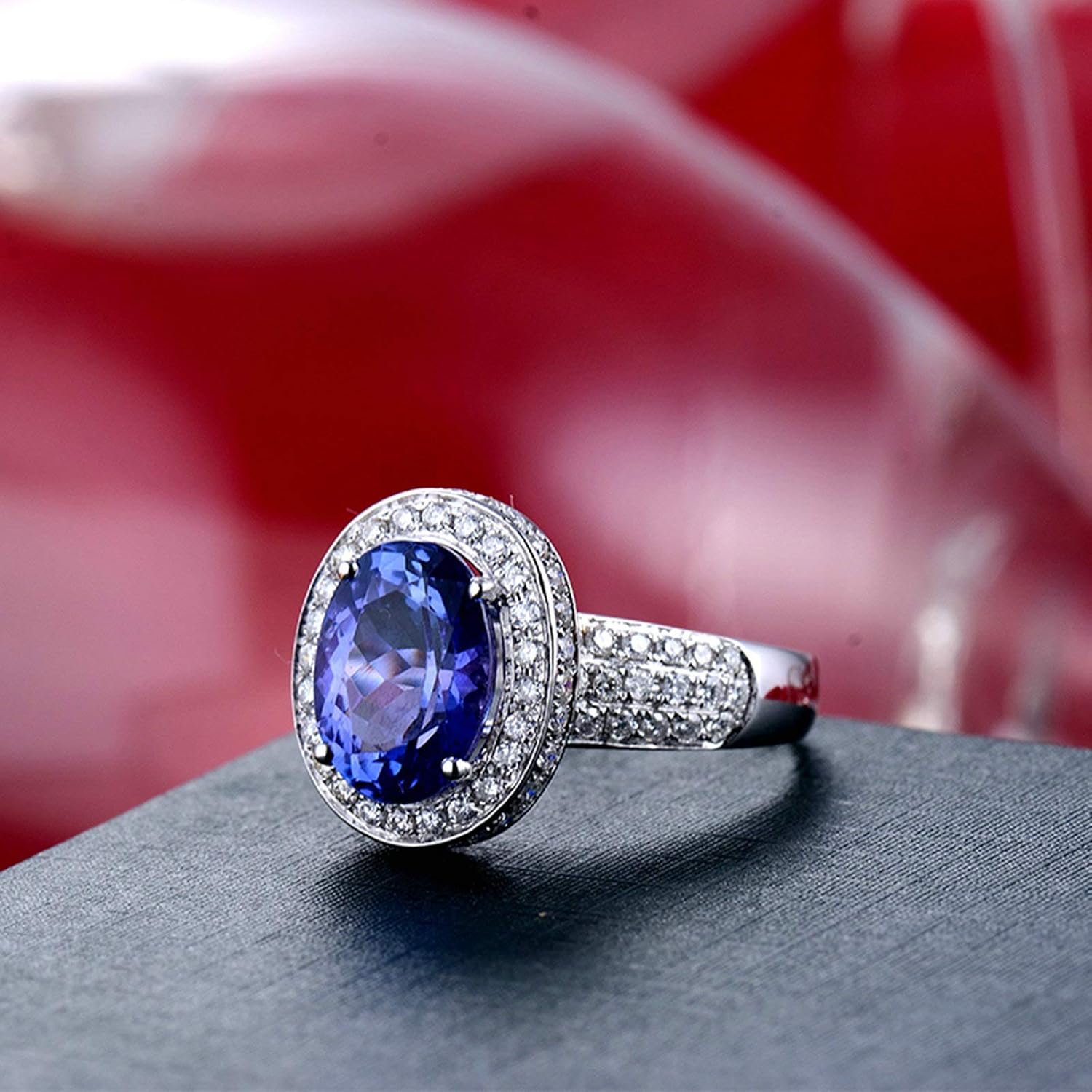 AmDxD 18K Gold Band Ring, Women Wedding Ring Band 3.8ct Oval Cut Blue Tanzanite with 1.22ct Diamond Birthday Gifts | Valentine Gifts