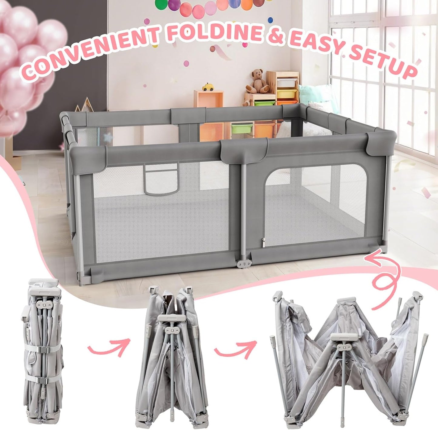 Palopalo Baby Laufgitter, 180x150cm Extra Großer Laufstall für Babys und Kleinkinder, Baby-Aktivitätszentrum mit 8 Saugnapfbasen, Baby-Laufstall mit Tür und weichem, atmungsaktivem Netz, Ohne Matte
