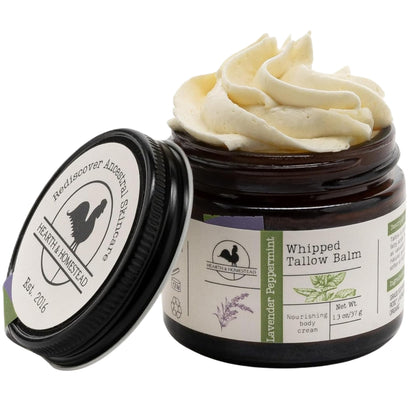 Hearth & Homestead Whipped Beef Tallow for Skin & Face - 100% Grass Fed, Eczema Cream & Body Butter - Organic Olive Oil, Calendula & Rose - Lotion & Hand Moisturizer for Dry Skin, Unscented, 1.3oz