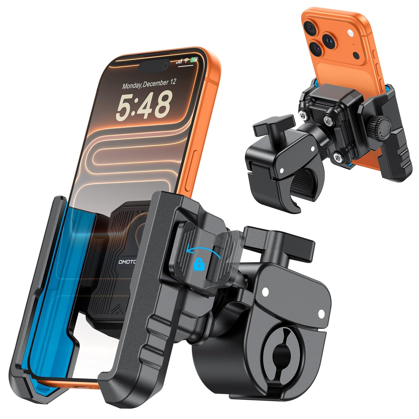 OMOTON BK01 Anti-Vibration Phone Mount, Quick Lock Shockproof Bike & Motorcycle Cell Phone Holder, Fits iPhone & Android for Riders on E-Bike, Stroller, Scooter, Fits Handlebars & Rearview Mirror