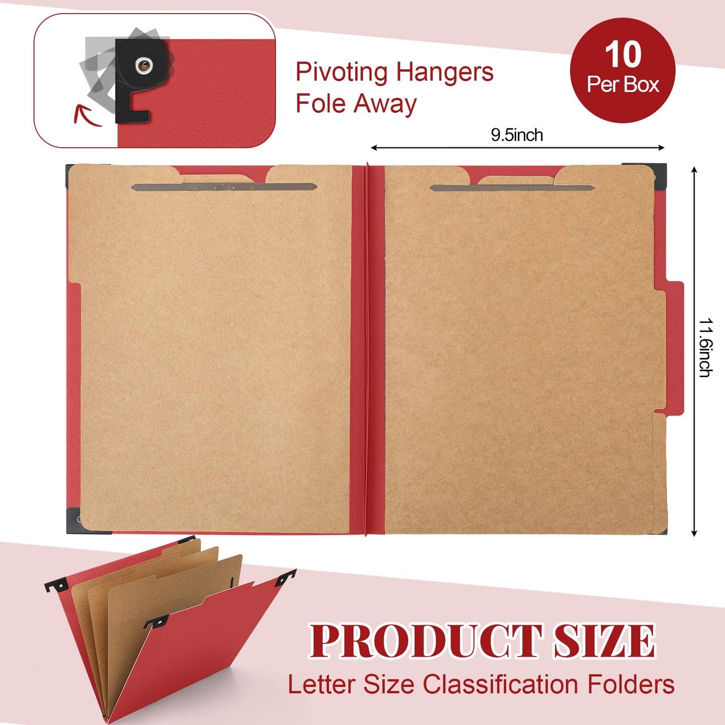 Henoyso 10 Pcs Hanging Classification File Folders, Letter Size Red Folders with 3 Pressboard Dividers, 8 Fasteners, 4 Inch Expansion, 1/3-cut Top Tab for Medical Records and File Cabinet Organizer
