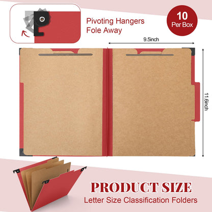 Henoyso 10 Pcs Hanging Classification File Folders, Letter Size Red Folders with 3 Pressboard Dividers, 8 Fasteners, 4 Inch Expansion, 1/3-cut Top Tab for Medical Records and File Cabinet Organizer