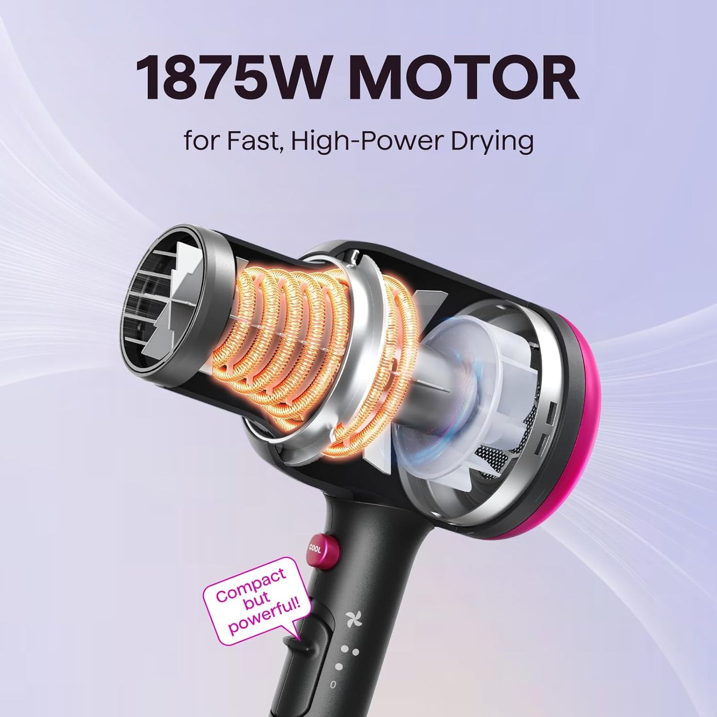 Wavytalk Ionen-Haartrockner mit Diffusor und Zentrierdüse, leichter leiser Föhn, leistungsstarker 1875-Watt-Motor für geschmeidiges und schnelles Trocknen der Haare, Rosenpink