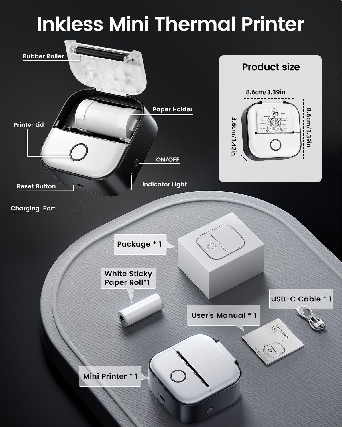 Memoking Mini-Drucker - T02 Aufkleberdrucker, Druckkapsel, tragbarer thermischer tintenloser Aufkleberhersteller, Bluetooth-Taschen-Minifotodrucker, Sofortdruck, Smart AI APP, für Studentenstudiennotizen, Tagebuch, Heimwerker, Geschenk
