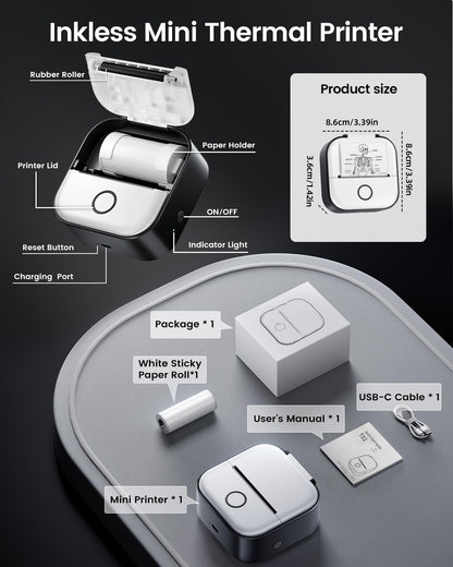 Memoking Mini-Drucker - T02 Aufkleberdrucker, Druckkapsel, tragbarer thermischer tintenloser Aufkleberhersteller, Bluetooth-Taschen-Minifotodrucker, Sofortdruck, Smart AI APP, für Studentenstudiennotizen, Tagebuch, Heimwerker, Geschenk