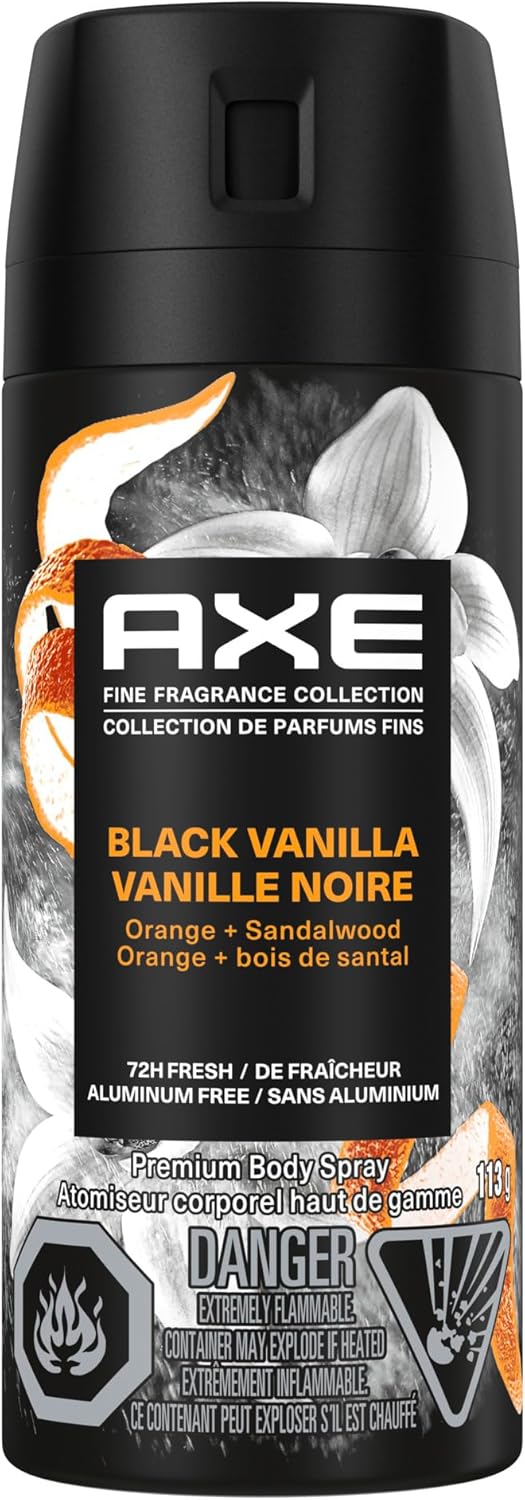 AXE Fine Fragrance Collection Premium Body Spray for Men, Black Vanilla deodorant with 72H odour protection and freshness, infused with vanilla, orange and sandalwood essential oils, 113g