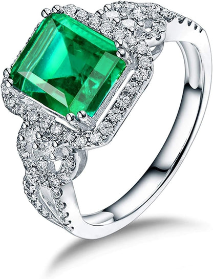 KnSam 18K White Gold Rings, Square Cut Green Emerald 2.26ct VS and 0.47ct Diamond Silver