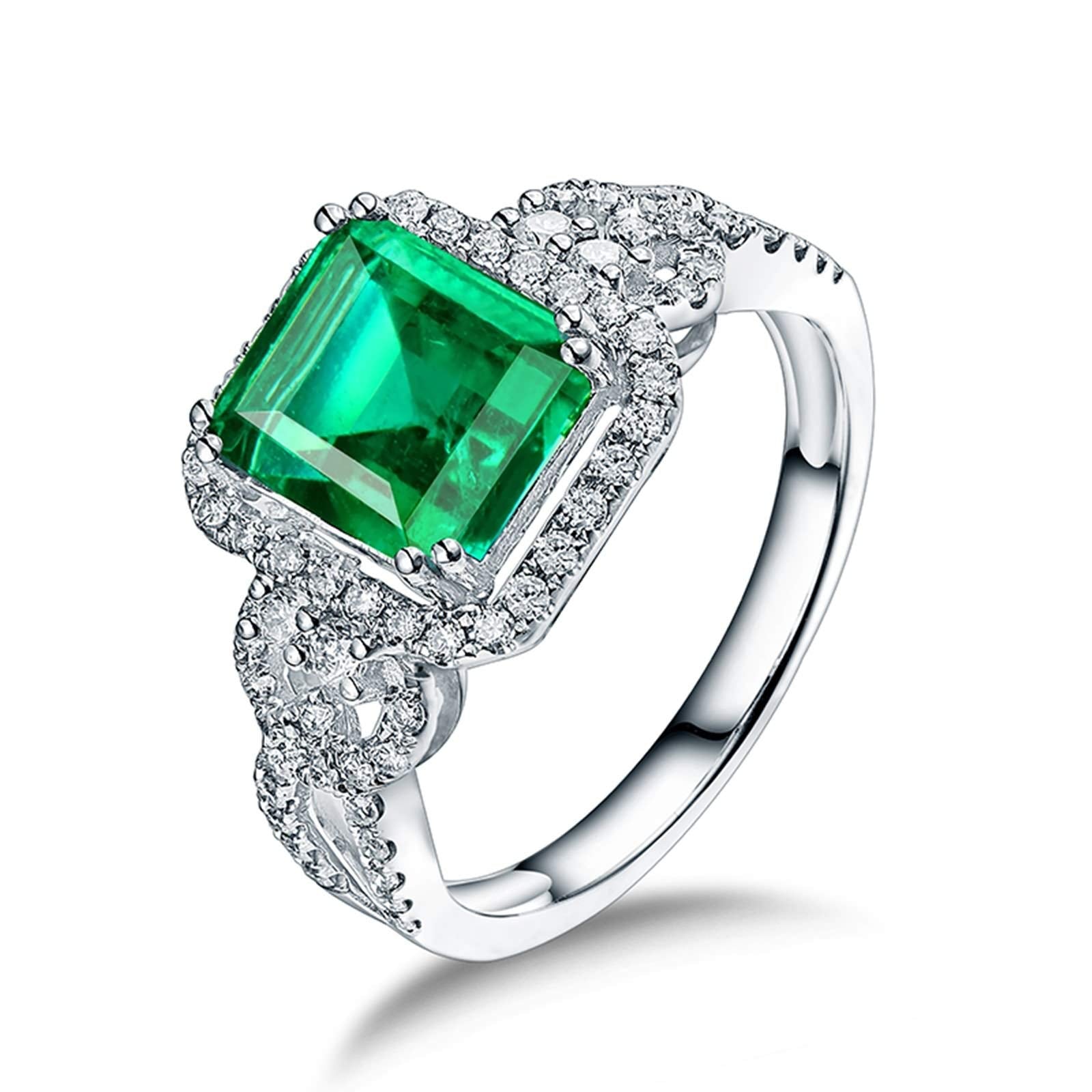 KnSam 18K White Gold Rings, Square Cut Green Emerald 2.26ct VS and 0.47ct Diamond Silver
