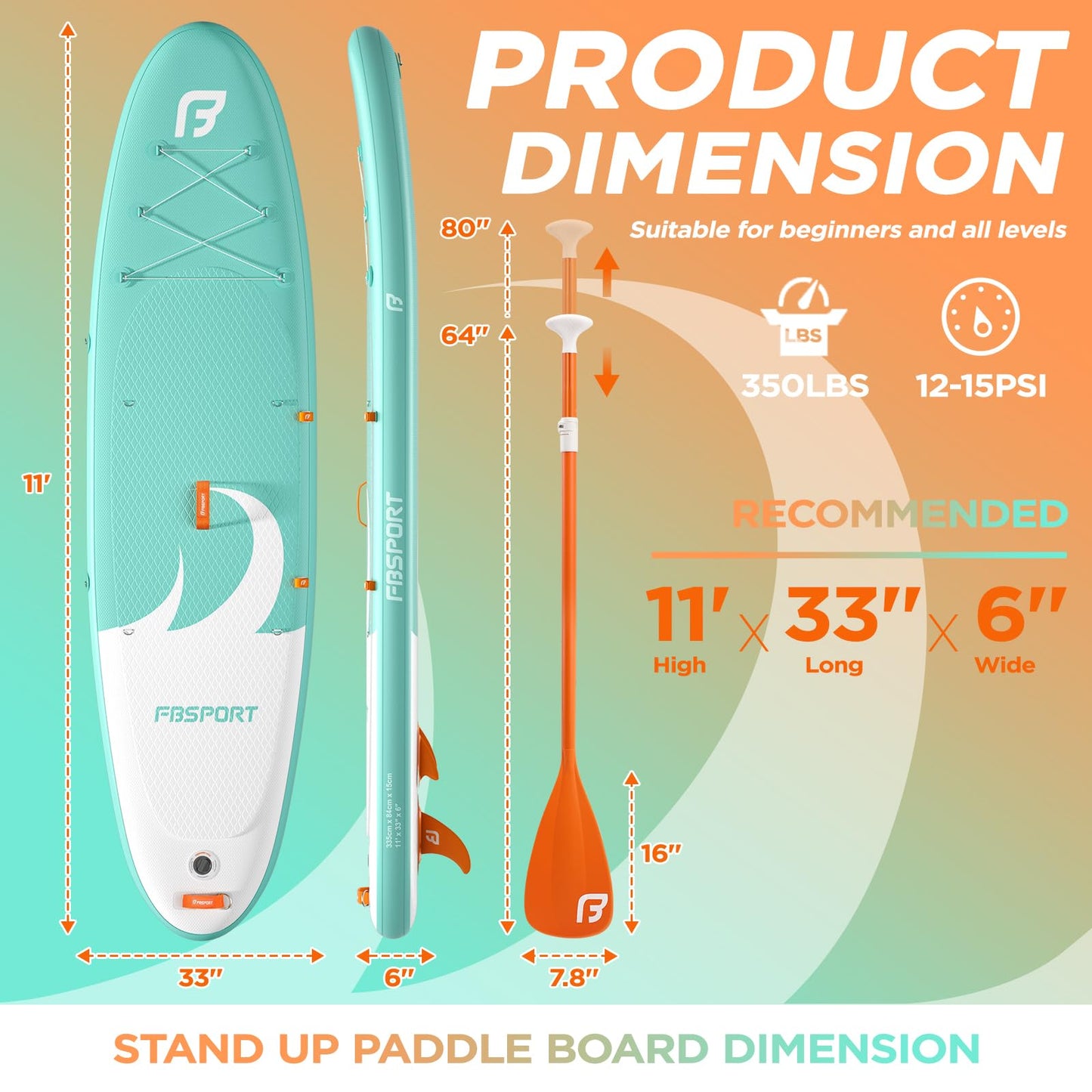 FBSPORT 11' Premium Stand Up Paddle Board, Yoga Board with SUP Accessories & Carry Bag | Wide Stance, Surf Control, Non-Slip Deck, Leash, Paddle and Pump for Youth & Adult