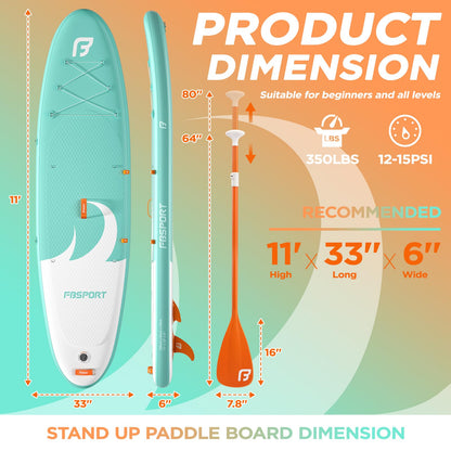 FBSPORT 11' Premium Stand Up Paddle Board, Yoga Board with SUP Accessories & Carry Bag | Wide Stance, Surf Control, Non-Slip Deck, Leash, Paddle and Pump for Youth & Adult