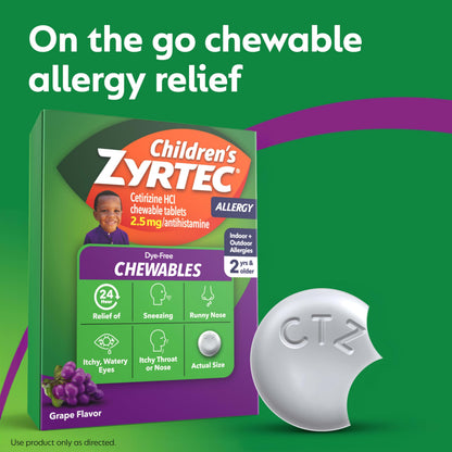 Zyrtec Children's Dye-Free Chewables for 24 Hour Allergy Relief, 10 mg Cetirizine Hydrochloride Antihistamine Tablets, Kids Allergy Medicine Relieves Sneezing & Itchy Throat, Grape, 48 ct(Pack of 2)