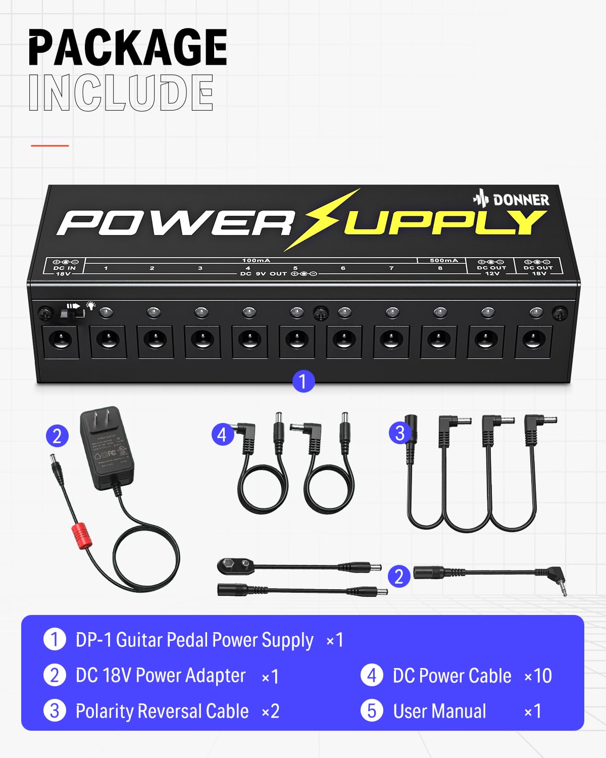 Donner DP-1 Guitar Power Supply, 10 Isolated DC Outputs