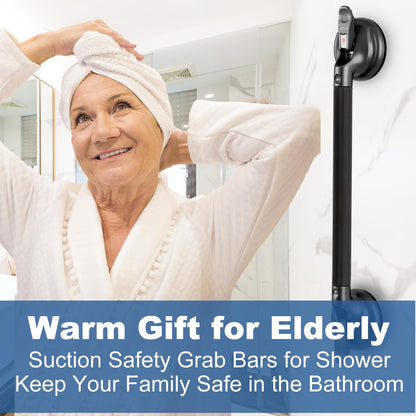 15-Inch Shower Handle - Upgraded Grab Bar with Strong Suction Cups for Bathtub & Shower Safety, Ideal for Seniors, Elderly, Disabled -Silver