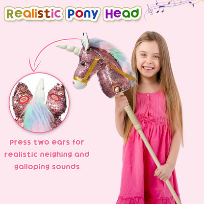 HollyHOME Plüsch Einhorn Steckenpferd mit Holzrädern Echten Pony Wiehern und Galoppieren Geräuschen Plüschtier Rosa 94 cm (AA Batterien Benötigt)