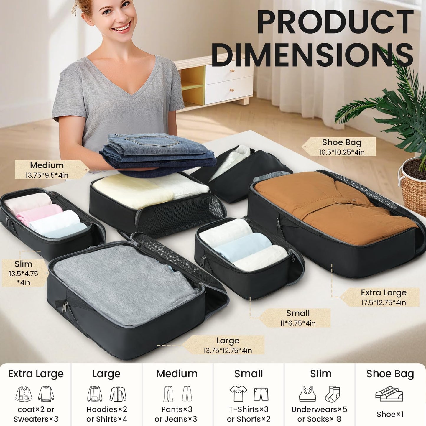 BAGAIL 4er-Set Kompressions-Packwürfel Reise-erweiterbare Packorganizer (Schwarz, 4er-Set)