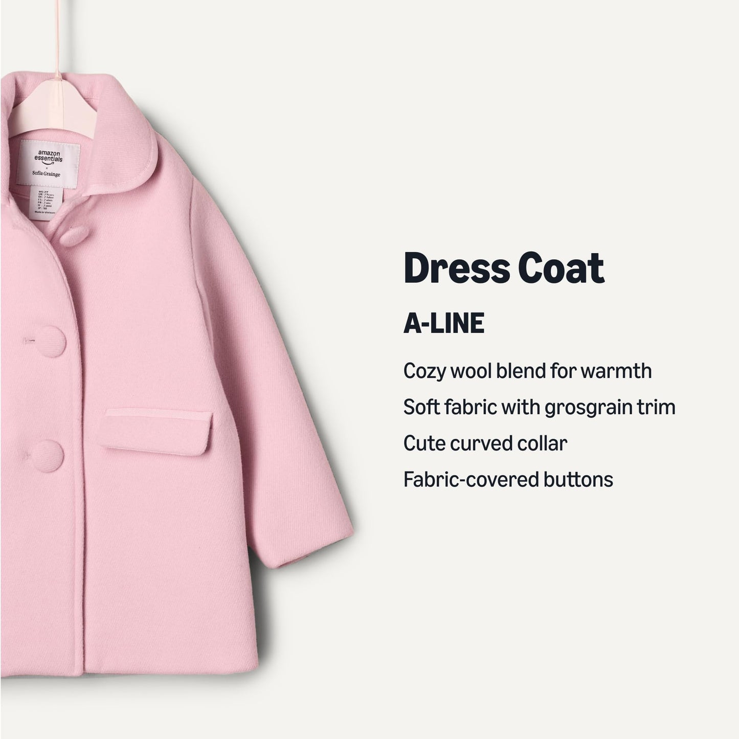 Amazon Essentials x Sofia Grainge Toddlers and Baby Girls' Wool Blend Dress Coat