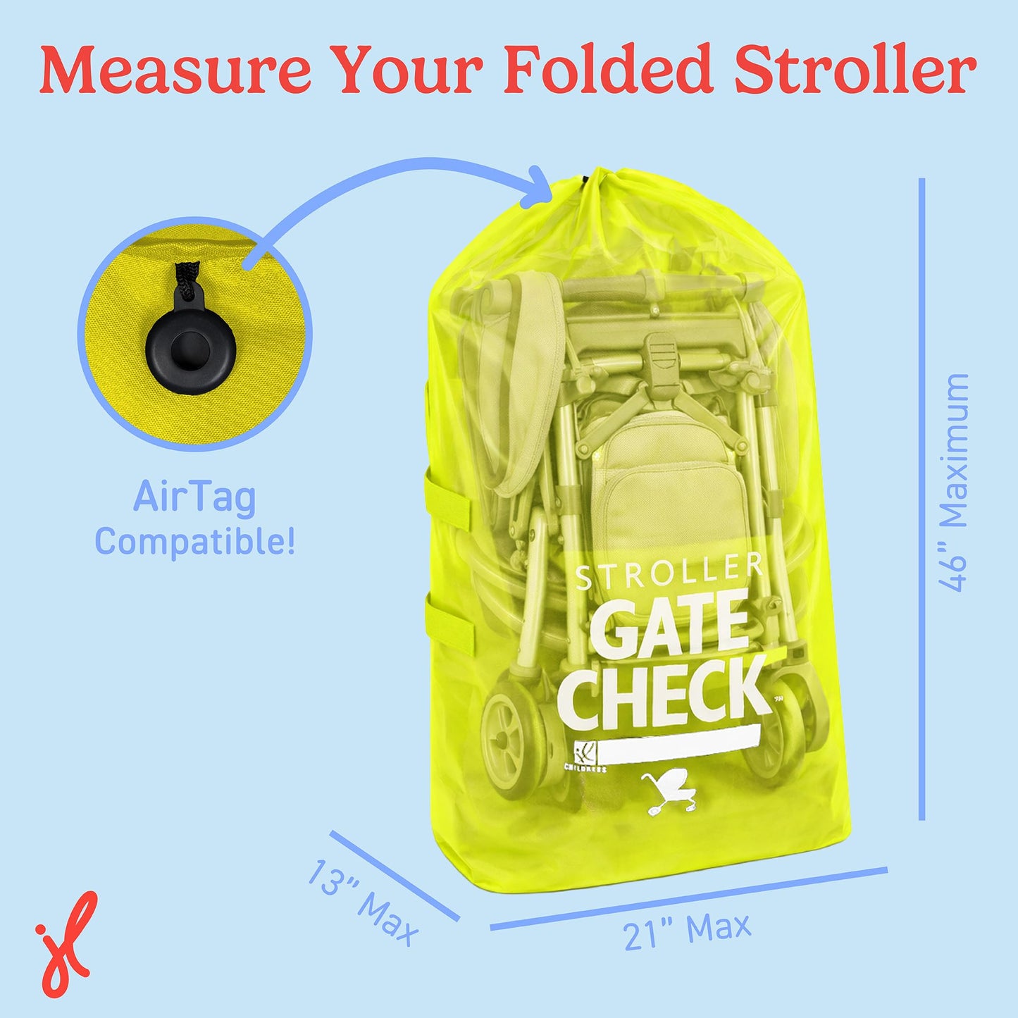 J.L. Childress Gate Check Bag for Single & Some Double Strollers - Travel Bag for Airplane, Fits Most Standard Baby Strollers, Airport Accessories Gate Check, Flying Essentials - Neon Blue