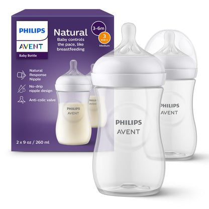 Philips Avent Natural Baby Bottle with Natural Response Nipple (Medium Flow,Flow 3), 9oz, SCY903/01