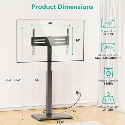 WALI Rolling TV Stand with Power Outlet & AV Shelf, Mobile Tall TV Stand Mount on Wheels for 34-75 inch TV up to 110 lbs, Swivel Height Adjustable TV Cart with Wood Base for Bedroom(TVDVD-6PRW), White