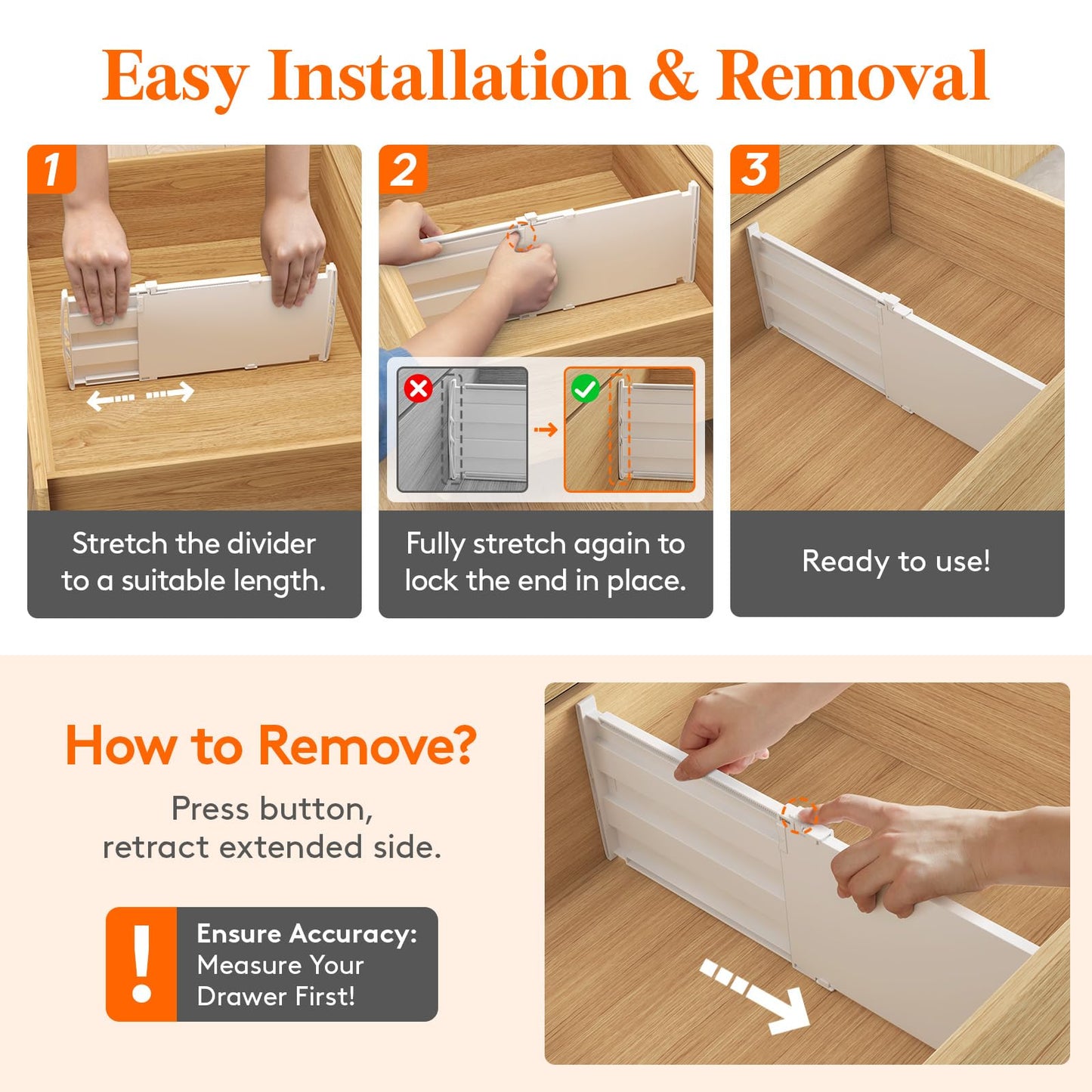 Lifewit 8" Tall 4 Pack Drawer Dividers, 13.8"-22.2" Adjustable Deep Drawer Organizer Clothes, Expandable White Plastic Separators for Dresser, Kitchen, Cabinet, Closet, Office Organization & Storage