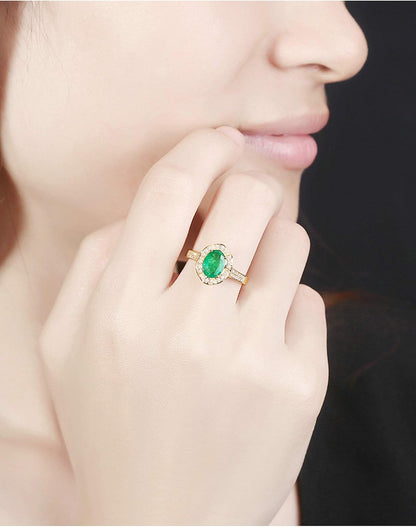 Aienid 18Ct Yellow Gold Wedding Bands for Women 1.01Ct Green Oval Cut Emerald with Diamond Inaly Wedding Rings for Women