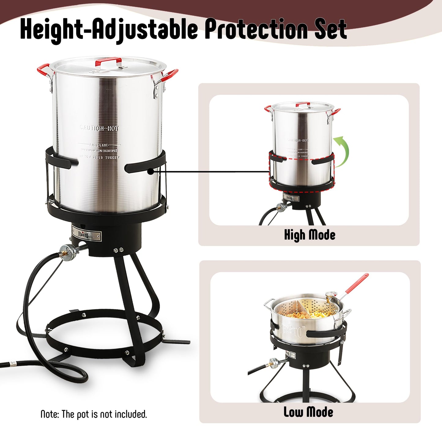 Feasto 10 Qt Outdoor Propane Gas Fish Fryer Pot Kit with Strainer Basket | Aluminum, 50,000 BTU Burner, Adjustable 0-5 PSI Regulator, Perfect for Boiling and Frying