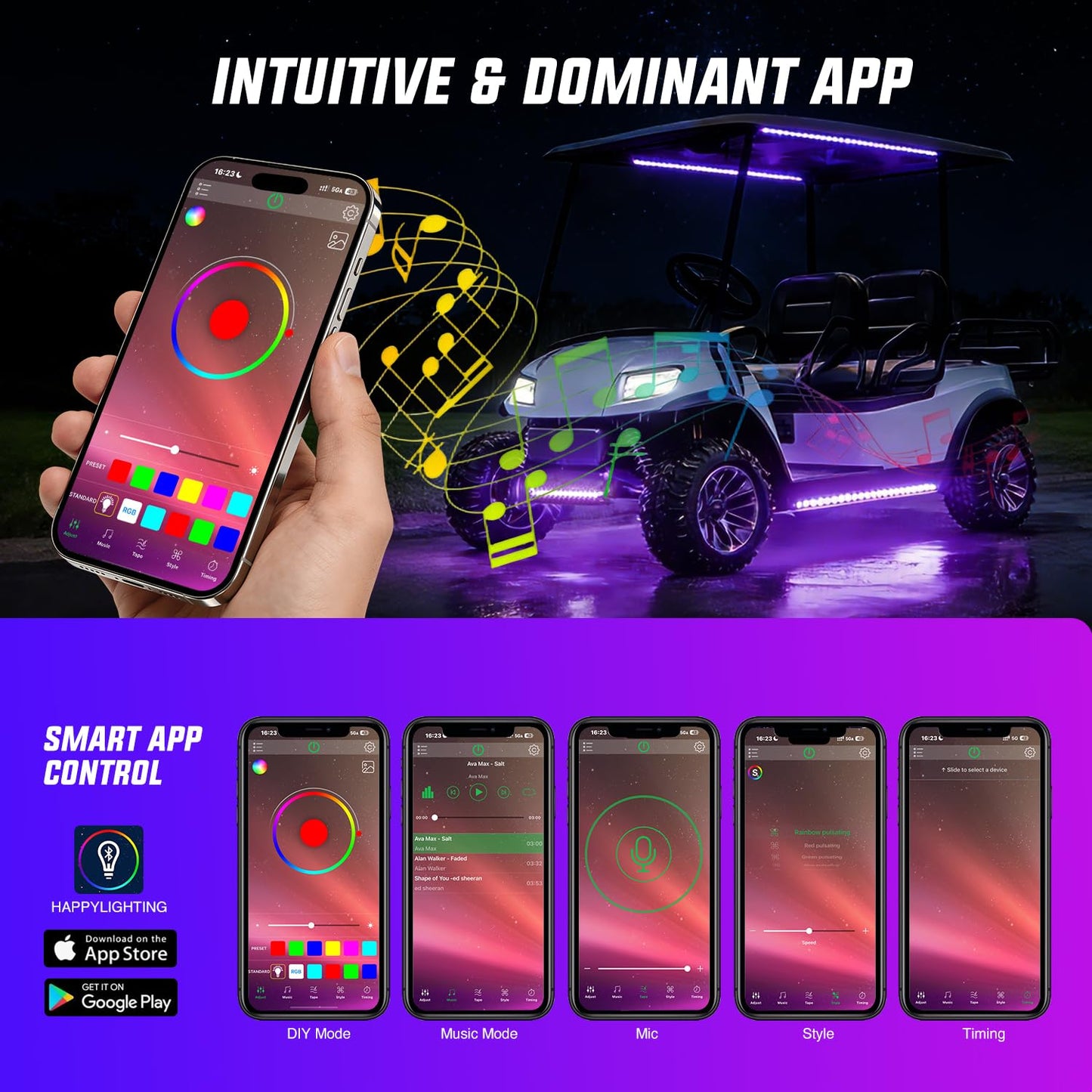 Nilight 6PCS Golf Cart Underbody Light Kit with Canopy Lights Dream Color Multi-Mode Neon Accent Lighting APP Remote Control Sound Active Music Sync IP67 Waterproof 12V-66V for EZGO Yamaha Club Car