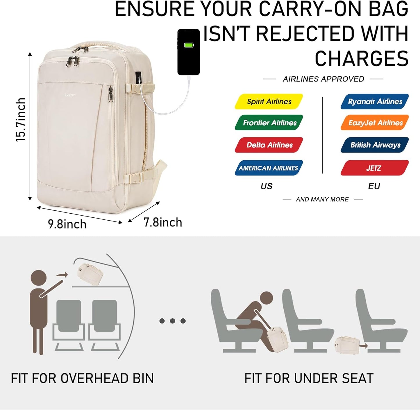 ECOHUB 16'' Reise-Rucksack Handgepäck Unterseat-Rucksack Persönlicher Gegenstand Flugzeug-Reisetasche mit 13 Taschen Handgepäck Flaschenhalter USB-Ladeanschluss Casual Daypack für Frauen Männer Schwarz