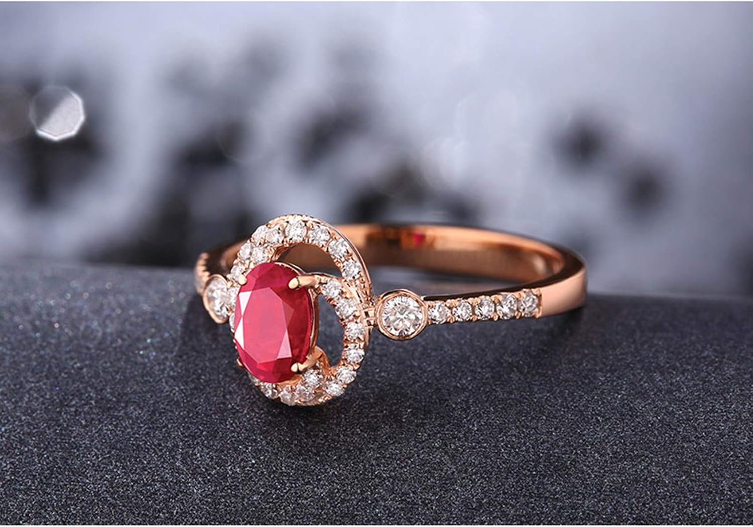 Aienid 18Ct Rose Gold Diamond Engagement Rings Women Oval Ruby with Diamond Engagement Ring for Her