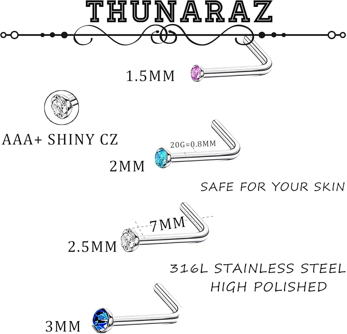Thunaraz 60-120 Stück Edelstahl Nasenpiercing Ringe Stecker Körperschmuck 20G-22G 1.5mm 2mm 2.5mm