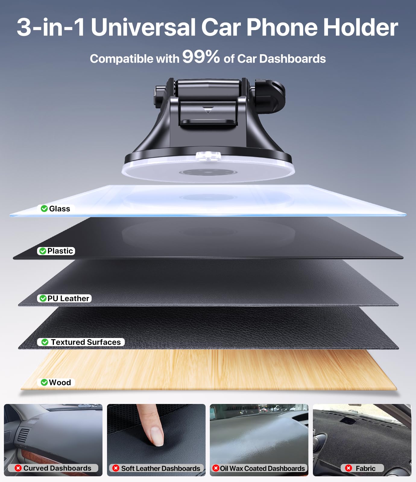 Miracase Car Phone Mount, [Upgraded Strong Military Grade Suction Cup] Long Arm Phone Holder for Car Dashboard Windshield Vent, Hands Free Cell Phone Holder Compatible with All Mobile Phones