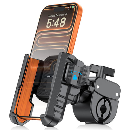 OMOTON BK01 Anti-Vibration Phone Mount, Quick Lock Shockproof Bike & Motorcycle Cell Phone Holder, Fits iPhone & Android for Riders on E-Bike, Stroller, Scooter, Fits Handlebars & Rearview Mirror