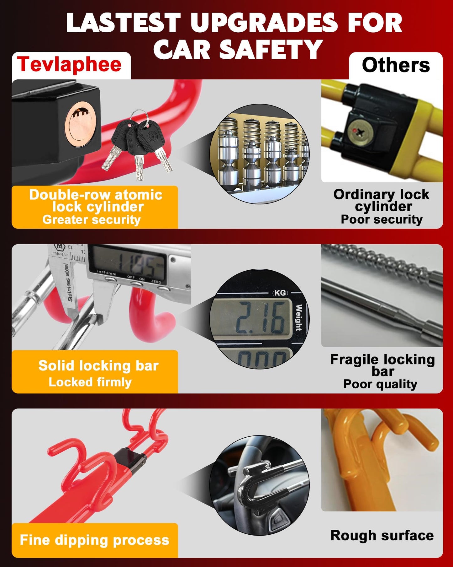 Tevlaphee Steering Wheel Lock Anti-Theft Car Device Heavy Duty Security Car Lock Antitheft Locking Devices Great Deterrent Adjustable Car Wheel Lock Anti Theft for Vehicle Truck with 3 Keys(Yellow)