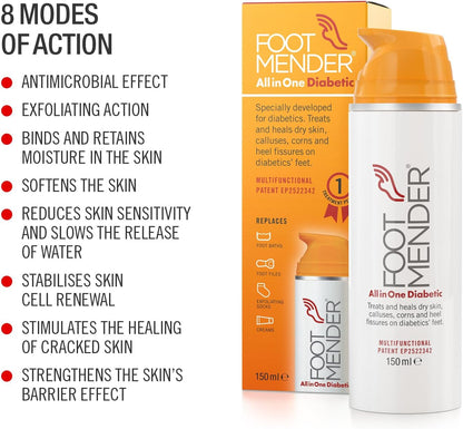 Footmender All in One Diabetic | Medically Proven, an Effictive Foot Cream | Treat and Heal Your Dry Feet, Hard Skin, Corns and Cracked Heels | Significant Effect After First Treatment | 150 ml