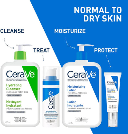 CeraVe Feuchtigkeitslotion, tägliche leichte Gesichts- & Körperlotion mit Hyaluronsäure & Ceramiden, geeignet für trockene & empfindliche Haut, parfümfrei, nicht komedogen & allergiegetestet, 473 ml