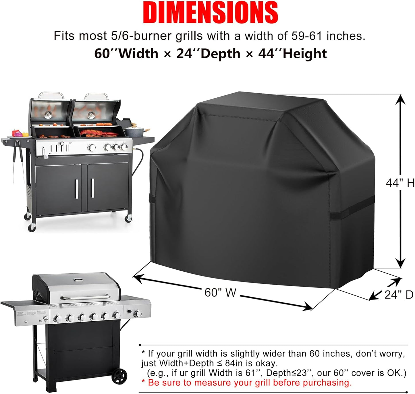 Grillabdeckung, 58 Zoll BBQ Gasgrill Abdeckung für Outdoor-Grills, Wasserdicht, UV-Schutz, Reißfest, Farbecht, Grillabdeckung mit Klettverschlussgurten und verstellbarem Saumzugband, Schwarz