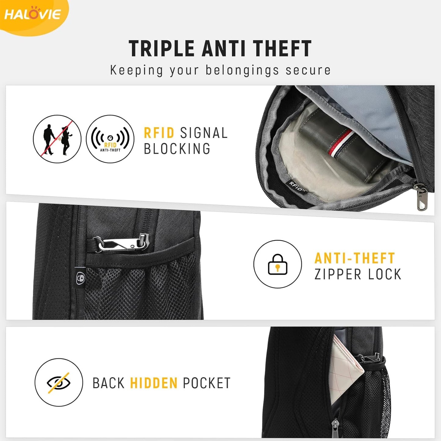 HALOVIE Anti-Diebstahl Sling Bag RFID-Reise-Sling-Rucksack Leichtgewicht Wander-Umhängetasche Brusttasche zum Spazierengehen Arbeiten