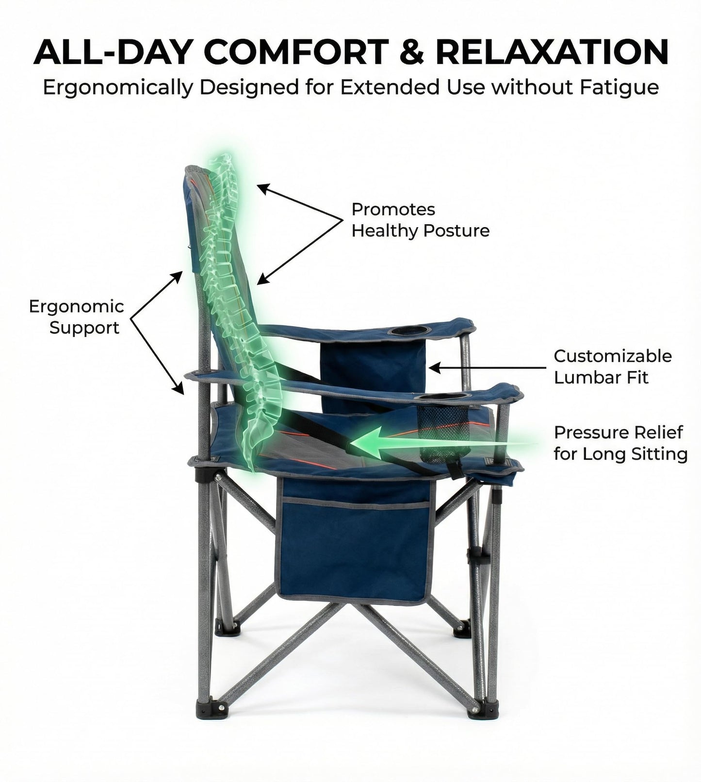 FAIR WIND Padded Camping Chair 500LBS Capacity Heavy Duty Oversized Folding Chair for Heavy People Portable Lawn Chair with Adjustable Lumbar Support, Cooler Bag & Cup Holder for Outdoor, Beach